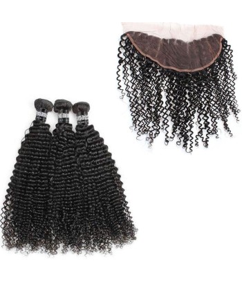 3 Paquets de Tissage + Lace Frontal Kinky Curly 13x4 les ligaments