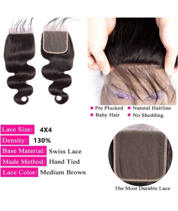 3 Paquets de Tissage  + Closure Body Wave brillant des détails fins