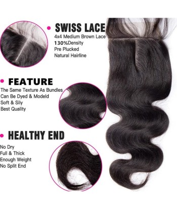 3 Paquets de Tissage  + Closure Body Wave brillant des détails fins